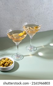 Martini with olives. Classic Shaken Dry Vodka Martini. Space for text