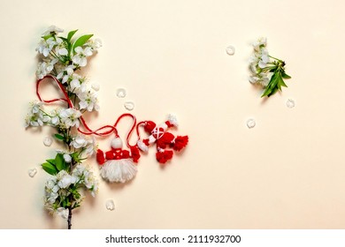 Martisor and cherry blossoms.Symbol of Spring.March 1 Tradition.Copy space