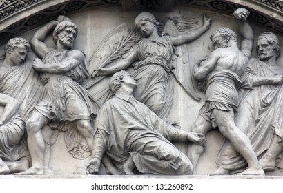 The Martyrdom Of St. Stephen Pediment Of The Front Door Of The Saint Etienne Du Mont Church, Paris.