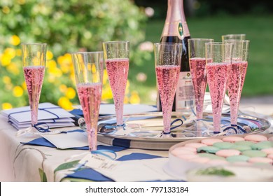 Marupe, Latvia - August 11, 2017: Glasses Of Pink Sparkling Wine At A Bachelorette Party