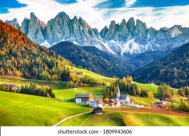 Marvelous autumn scene of magnificent  Santa Maddalena village in Dolomites.  Location: Santa Maddalena village, Val di Funes, Trentino-Alto Adige, Dolomites, Italy, Europe