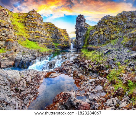 Marvelous view of  Kolugljufur canyon and Kolufossar falls. Kolugljufur gorge is located on river Vididalsa.  Location: Kolufossar waterfall, Vestur-Hunavatnssysla, Iceland, Europe