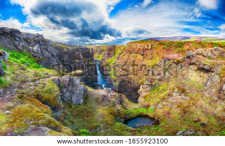 Marvelous view of  Kolugljufur canyon and Kolufossar falls. Kolugljufur gorge is located on river Vididalsa.  Location: Kolugljufur canyon, Vestur-Hunavatnssysla, Iceland, Europe