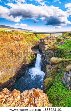Marvelous view of  Kolugljufur canyon and Kolufossar falls. Kolugljufur gorge is located on river Vididalsa.  Location: Kolufossar waterfall, Vestur-Hunavatnssysla, Iceland, Europe