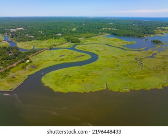 Marvin Island swamp aerial view at the mouth of Connecticut River between town of Old Saybrook and Old Lyme, Connecticut CT, USA. 