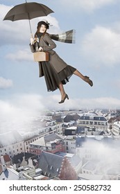 Mary Poppins flies on an umbrella over the city  