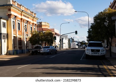 Maryborough, Queensland, Australia - July 2022; Kent Street streetscape in Maryborough, Queensland, showing some of its many heritage listed buildings including Woodstock House.