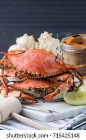 Maryland Blue Crabs With Seafood Utensils. Crab Fest. Seafood Menu. Steamed Crabs.