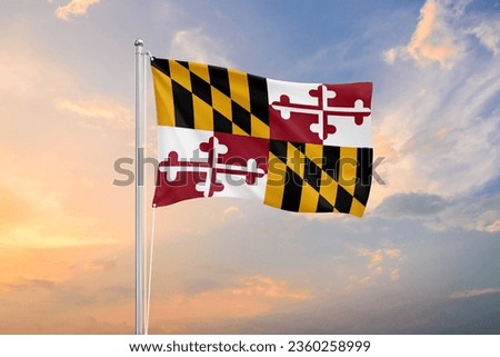 Maryland flag waving on sundown sky