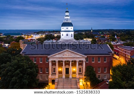 Maryland State House, in Annapolis, at dusk. 