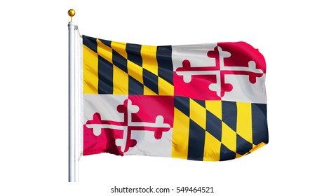 Maryland (U.S. state) flag waving on white background, close up, isolated with clipping path mask alpha channel transparency, perfect for film, news, composition