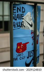 MARYLEBONE, LONDON, ENGLAND- 4 June 2021: End Slave Labour Uyghur Protest Placard In London