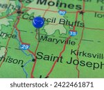 Maryville, Missouri marked by a blue map tack. The City of Maryville is the county seat of Nodaway County, MO.