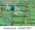 Maryville, Missouri marked by a green map tack. The City of Maryville is the county seat of Nodaway County, MO.