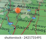 Maryville, Missouri marked by an orange map tack. The City of Maryville is the county seat of Nodaway County, MO.