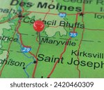 Maryville, Missouri marked by a red map tack. The City of Maryville is the county seat of Nodaway County, MO.