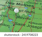 Maryville, Missouri marked by a white map tack. The City of Maryville is the county seat of Nodaway County, MO.