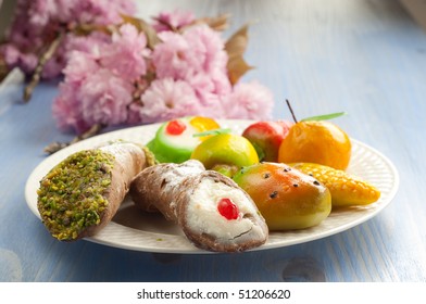 Marzipan And Cannoli Fruits Typical Traditional Sicily  Dessert