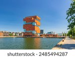 MAS Museum aan de Stroom Museum by the Stream, modern warehouse spiral tower building, embankment of Bonaparte Dock in Antwerp city historical centre, Antwerpen port area, Flemish Region, Belgium