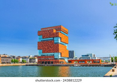 MAS Museum aan de Stroom Museum by the Stream, modern warehouse spiral tower building, Bonaparte Dock in Eilandje district Antwerp city historical centre, Antwerpen port area, Flemish Region, Belgium - Powered by Shutterstock