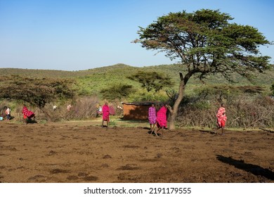 Masai Mara, Kenya - August 4, 2022: Masai People In Loca Village Near Masai Mara National Park.