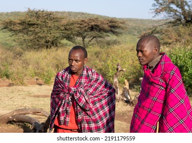 Masai Mara, Kenya - August 4, 2022: Masai People In Loca Village Near Masai Mara National Park.