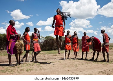 Masai Mara, Kenya - Mar 13 2013: Maasai Jumping Dance, Tribal Dance Culture Of Maasai People
