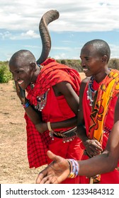 MASAI MARA, KENYA - MAY 2014: Masai Warriors Welcoming The Tourist Traditional As Cultural Ceremony Near To Masai Mara National Park 