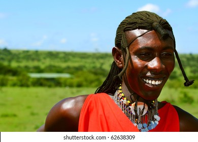 MASAI MARA,KENYA-NOV 12:portrait On An African Man Of Masai Mara Tribe Village Smiling To Camera,review Of Daily Life Of Local People,near Masai Mara National Park On Nov 12,2008 In Masai Mara, Kenya