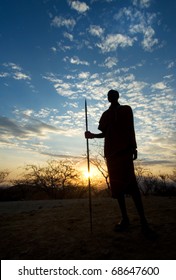 Masai Warrior Against Sunset Wide Angle