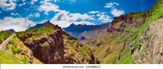 Masca Valley.Canary Island.Tenerife.Spain.Scenic Mountain Landscape.Cactus,vegetation And Sunset Panorama In Tenerife