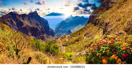 Masca Valley.Canary Island.Tenerife.Spain.Scenic Mountain Landscape.Cactus,vegetation And Sunset Panorama In Tenerife