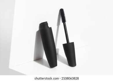 Mascara For Black Lashes, Eyelash With Bottle Container Mockup Product, Cosmetic Branding Makeup, On White Background