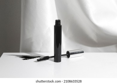 Mascara For Black Lashes, Eyelash With Bottle Container Mockup Product, Cosmetic Branding Makeup, On White Background