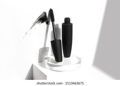 mascara for black lashes, eyelash with bottle container mockup product, cosmetic branding makeup, on white background