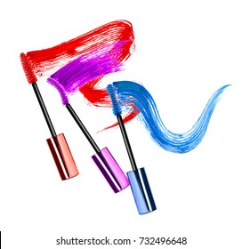 Mascara Brushes With Colored Mascara Strokes Close-up, Isolated On White Background 