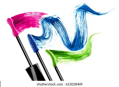 Mascara Brushes With Colored Mascara Strokes, Isolated On White Background 