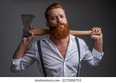 masculinity of bearded man with axe in studio. masculinity of man with axe - Shutterstock ID 2272000755
