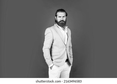 masculinity and charisma. formal party dress code. old fashioned bearded hipster. hairdresser concept. brutal handsome man with moustache. mature bride groom on wedding