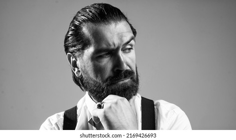 masculinity and charisma. formal party dress code. old fashioned bearded hipster. hairdresser concept. brutal handsome man with moustache. mature barber in retro style