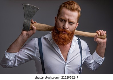 masculinity of man with axe isolated on grey. masculinity of man with axe in studio. - Shutterstock ID 2252956247