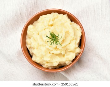 Mashed Potato In Ceramic Bowl, Top View