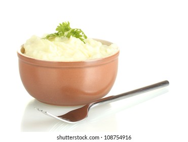 Mashed Potato With Parsley In The Bowl Isolated On White