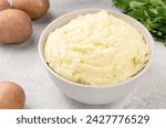 Mashed Potatoes with butter and fresh parsley in a white bowl on gray stone concrete background
