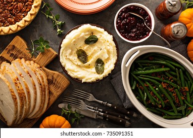 Mashed Potatoes With Butter And Sage, Side Dish For Thanksgiving Or Christmas Dinner Overhead Shot