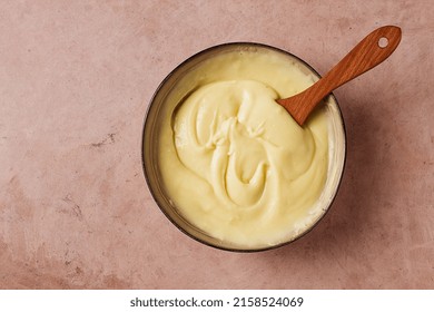 Mashed Potatoes, Homemade, On A Beige Table, No People, Top View,