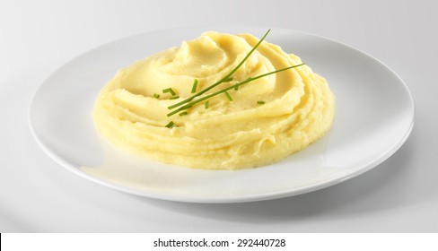 Mashed potatoes recipe in a white plate, isolated, on white background