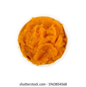 Mashed Sweet Potato Isolated. Sweetpotato Puree, Batata Mash, Ipomoea Batatas Spread, Sweet Potatoes Smoothie, Orange Vegetable Hummus On White Background Top View