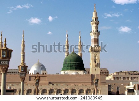 Masjid Al Nabawi or Nabawi Mosque (Mosque of the Prophet) in Medina (City of Lights), Saudi Arabia. Nabawi mosque is Islam's second holiest mosque after Haram Mosque (in Mecca, Saudi Arabia).