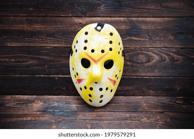 Mask Of Maniac Jason Voorhees From Movie Friday The 13th On Wooden Background - Saint Petersburg, Russia, May 2021